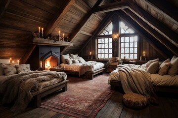 Cozy Seating & Exposed Beams: Rustic Attic Bedroom with Natural Fiber Rugs and Textiles