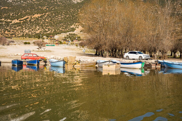 Decorated day-trip boats in Işıklı Lake in Denizli's Çivril district. Isıkli Lake is flooded...