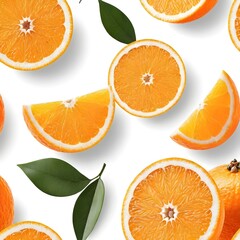 Fresh Orange With Leaf Beside Sliced Segments on a White Background