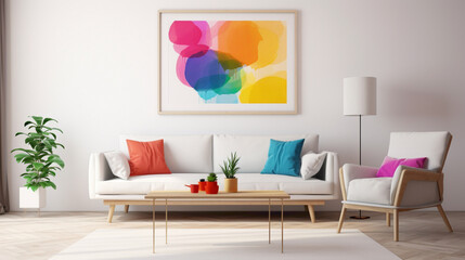 A contemporary living room setup with a blank white empty frame, featuring a vibrant, minimalist art print that adds a pop of color to the space.