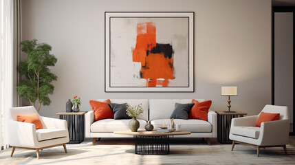 A contemporary living room setup with a blank white empty frame, featuring a bold, abstract mixed-media artwork that adds a sense of drama to the space.