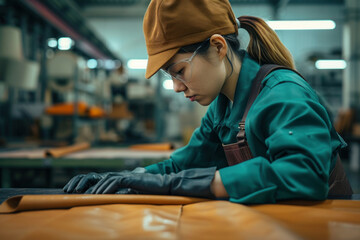 Asian female factory worker diligently crafting leather goods in a manufacturing facility