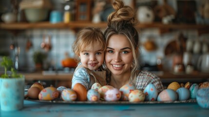 Fototapeta na wymiar Happy mother and little son holding painted colorful Easter eggs in cozy kitchen at home.