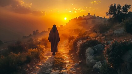 Fototapeta premium Journey of Solitude: A Sunset Stroll