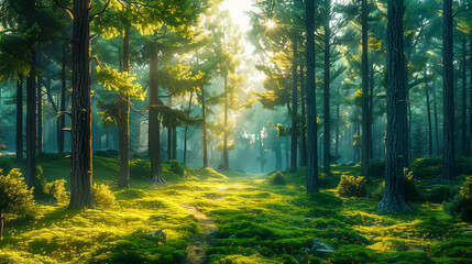 Obraz premium Sunlight Filters Through A Verdant Forest, Illuminating Moss-Covered Ground And Sprinkles