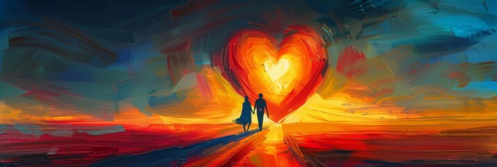 Abstract banner surrealistic painting of a loving couple walking away on the road into the sunset. carrying their love with them in the shape of a large translucent heart . background for Valentine's  - obrazy, fototapety, plakaty