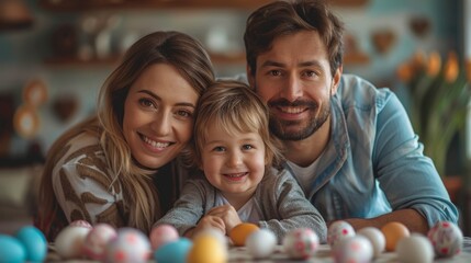Mother, father and their child draw eggs. A happy family is preparing for Easter.