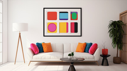 A contemporary living room setup with a blank white empty frame, featuring a vibrant, minimalist...
