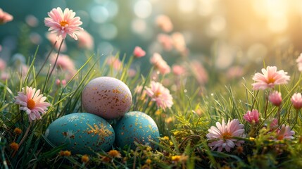 Easter eggs on the grass in a flower field - obrazy, fototapety, plakaty