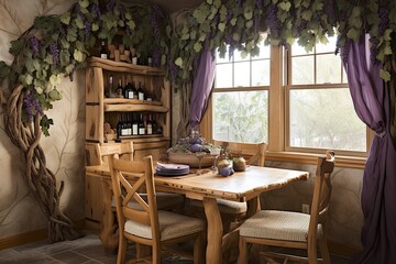 Enchanting Vineyard Vibes: Rustic Dining Area with Grape Wall Art & Vine-Patterned Tablecloth