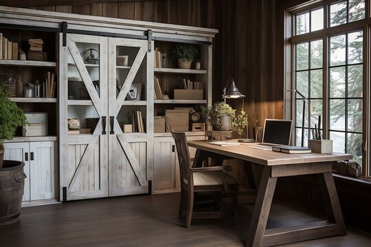 Rustic Farmhouse Charm: Repurposed Furniture Workstations & Barn Doors Transformed Desks