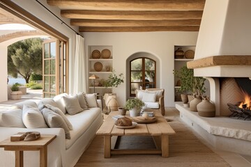 Fototapeta na wymiar Mediterannean Color Palette: Rustic Farmhouse Interior Warmth with Wood and White Fabrics