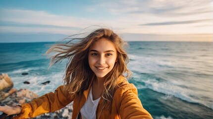 Happy young girl taking a selfie on the ocean shore, Happy female tourist smiling at the camera outside. Tourist traveling to tropical countries, woman taking selfie on the seashore - obrazy, fototapety, plakaty