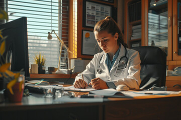 Scientist in lab coat sitting at desk writing on paper in research laboratory setting