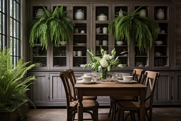 Rustic Farmhouse Kitchen: Lush Fern and Orchid Centerpieces Adorning Dining Table