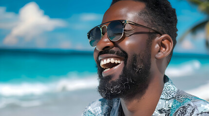 Portrait of a happy laughing black man mit sunglasses on beach  smiling laughing on summer holiday vacation travel lifestyle freedom fun.