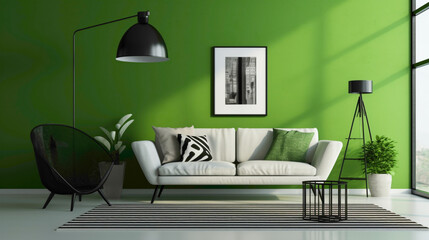 A contemporary living room with a black and white color scheme, a vibrant green accent wall, and a minimalist floor lamp.