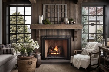 Vintage Glass Panel Decor and Cozy Fireplace in Rustic Farmhouse Setting