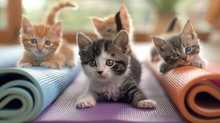 playful kitten yoga - obrazy, fototapety, plakaty