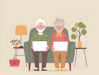 Illustration of cute couple of seniors sitting on the sofa using laptop together shopping and surfing the net. Two mature people wearing eyeglasses in the living room enjoying technology