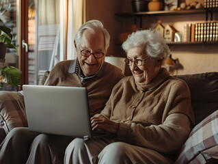 Cute couple of old people sitting on the sofa using laptop together shopping and surfing the net. Two mature people wearing eyeglasses in the living room enjoying technology. Portrait of happy seniors - Powered by Adobe
