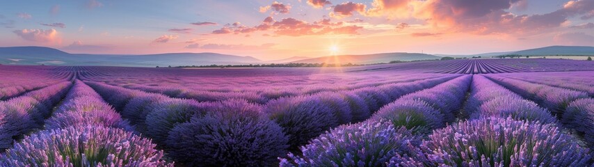 Sunrise over blooming fields of lavender. Lavender purple field  - obrazy, fototapety, plakaty