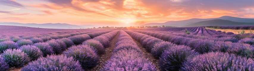 Sunrise over blooming fields of lavender. Lavender purple field  - obrazy, fototapety, plakaty