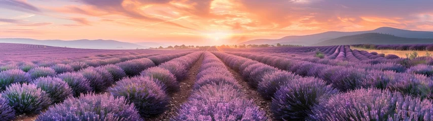 Fotobehang Sunrise over blooming fields of lavender. Lavender purple field  © YauheniyaA