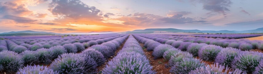 Sunrise over blooming fields of lavender. Lavender purple field 