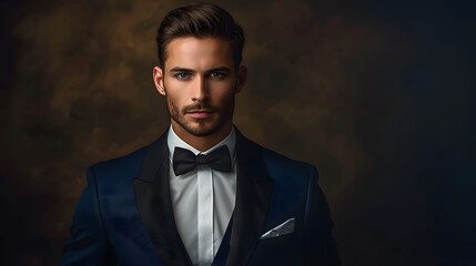 Rich man in suit with bow tie against dark background