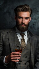 bearded man with a glass of whiskey dark background