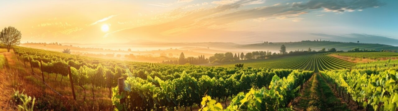Extra wide panoramic shot of a summer vineyard shot at sunset