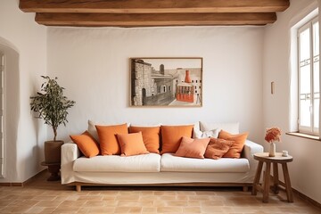 Rustic Lounge: Terracotta Sofa amidst Mediterranean Color Palette with Wooden Beams and White Walls