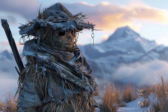 3D render of a rugged scarecrow wearing tattered layers with a backdrop of snowcovered mountains at dusk