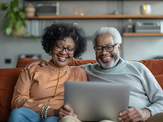 Happy mixed race couple of old people enjoying online entertainment with laptop, using Internet technology, application, communication, looking at computer screen together, laughing