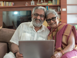 Happy indian couple of old people enjoying online entertainment with laptop, using Internet technology, application, communication, looking at computer screen together, laughing