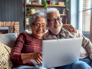 Happy mixed race couple of old people enjoying online entertainment with laptop, using Internet technology, application, communication, looking at computer screen together, laughing