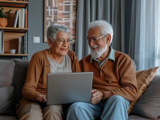 Happy mixed race couple of old people enjoying online entertainment with laptop, using Internet technology, application, communication, looking at computer screen together, laughing