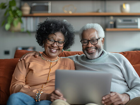 Happy mixed race couple of old people enjoying online entertainment with laptop, using Internet technology, application, communication, looking at computer screen together, laughing