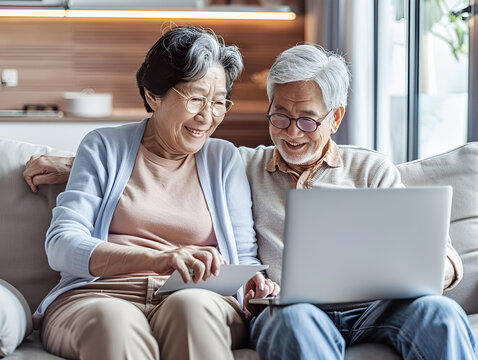 Happy mixed race asian couple of old people enjoying online entertainment with laptop, using Internet technology, application, communication, looking at computer screen together, laughing