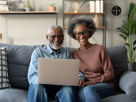 Happy mixed race couple of old people enjoying online entertainment with laptop, using Internet technology, application, communication, looking at computer screen together, laughing