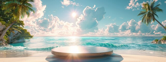 Beach podium background product summer sand display stand sea cosmetic. Product summer background podium beach sky scene presentation platform nature blue pedestal beauty water mockup stone palm sun.