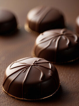 Selecci&oacute;n de bombones de chocolate con detalles de glaseado en fondo marr&oacute;n.