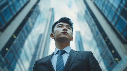 Fototapeta premium a rich Chinese young man in a suit , view from below, business 