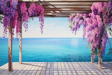a wooden deck with purple flowers over it
