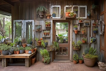 Fototapeta na wymiar Reclaimed Material Art Displays on Rustic Porch: Potted Plants in Salvaged Door Frames
