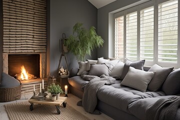Rustic Scandinavian Home: Plantation Shutter Windows, Cozy Fireplace & Grey Daybed Sofa