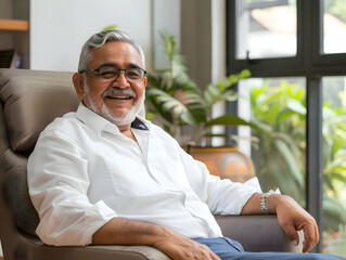 Portrait of a mature experienced senior indian business man taking a break in her chair in his home office