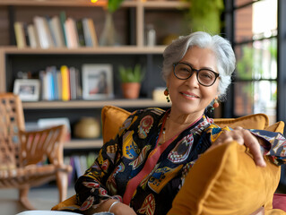 Portrait of a beautiful mature experienced senior indian business woman taking a break in her chair in her living room