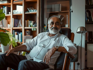 Portrait of a mature experienced senior indian business man taking a break in her chair in his home office